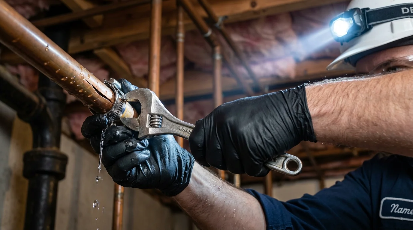 Emergency pipe clamp repair being performed by a Johns Plumbing LLC plumber in Kuna
