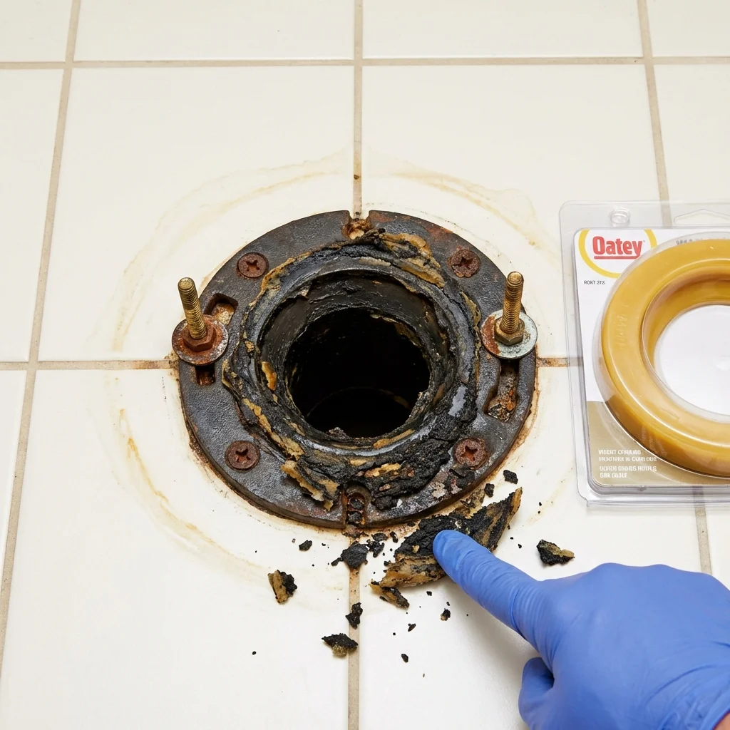 Failed wax ring showing water seepage at the base of a toilet in a Kuna, ID home