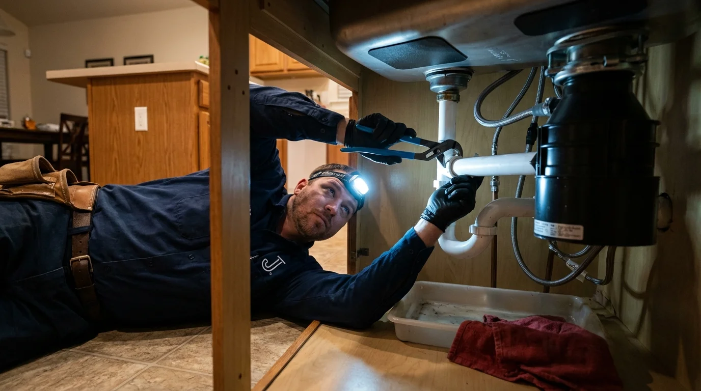 P-trap and supply line connections under a kitchen sink showing a common leak point in Kuna, ID